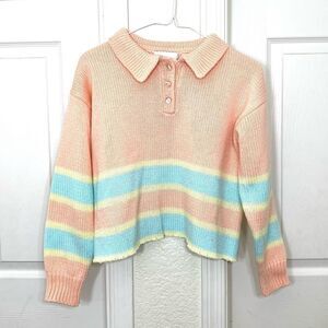 Vintage 80’s Sweater Pastel Peach Striped DIY Cropped Collared Size S
